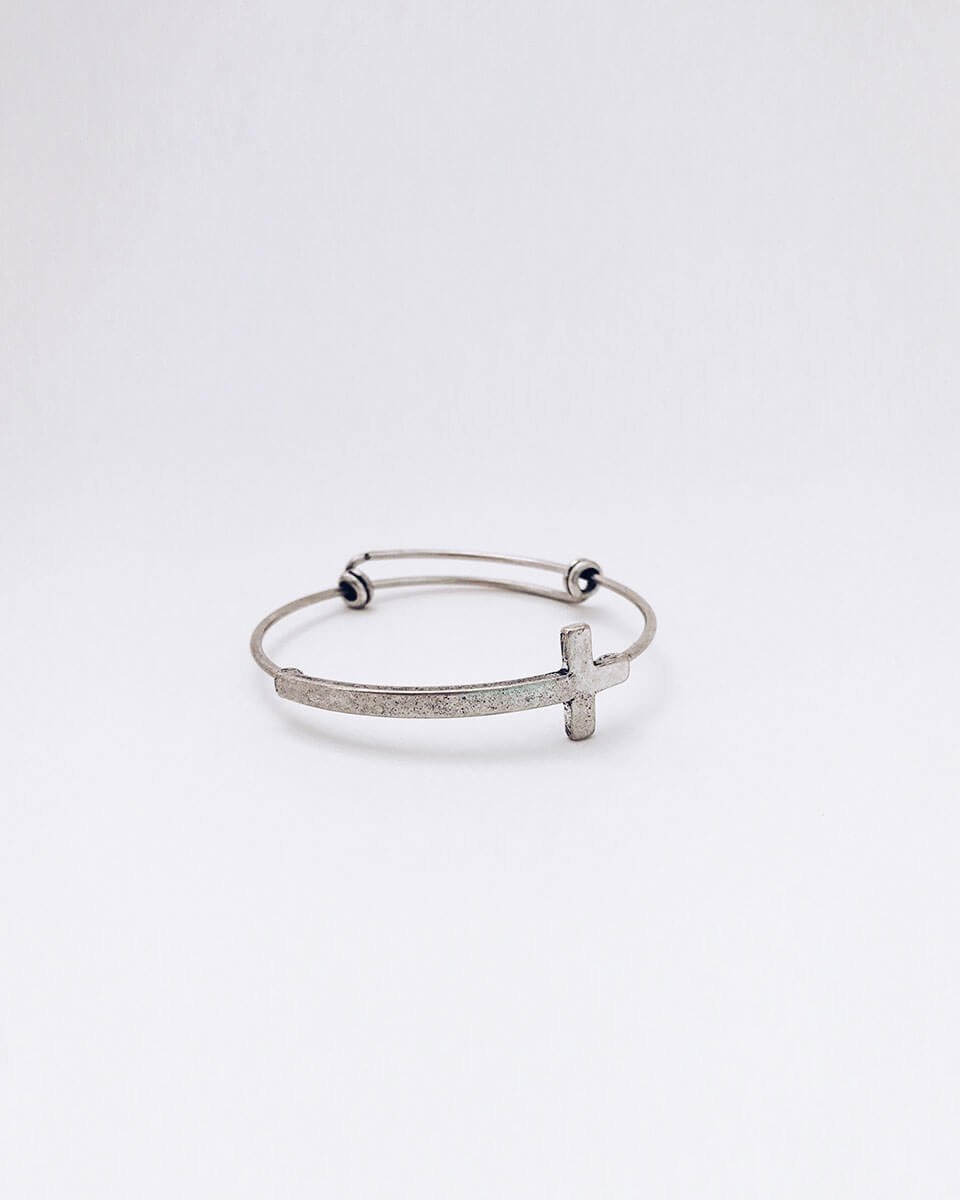 Minimal Side Cross Silver Adjustable Cuff Bracelet